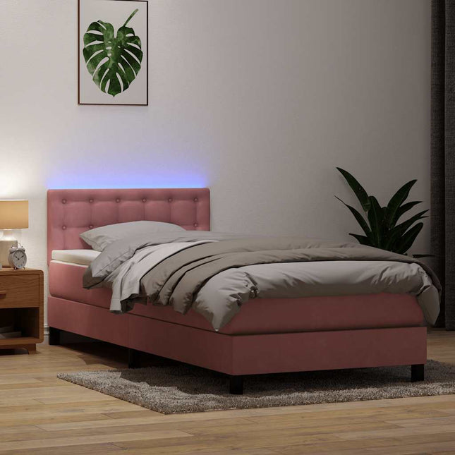 kontinentalseng med madras og LED-lys lyserød 90x220 cm fløjl