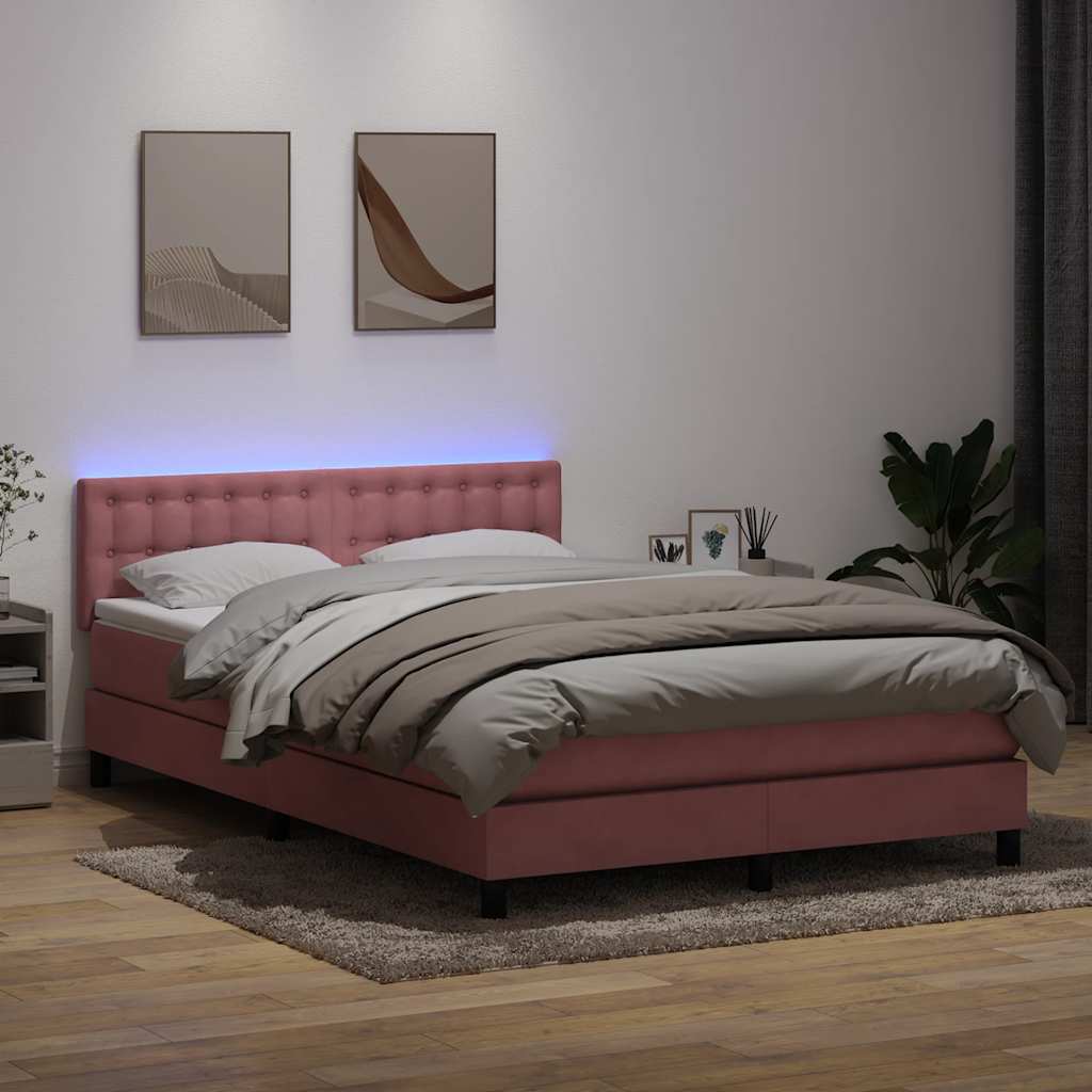 kontinentalseng med madras og LED-lys 160x220 cm fløjl lyserød
