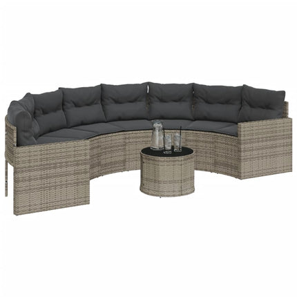 havesofa med bord og hynder halvrund polyrattan grå