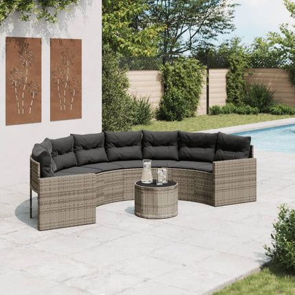 havesofa med bord og hynder halvrund polyrattan grå