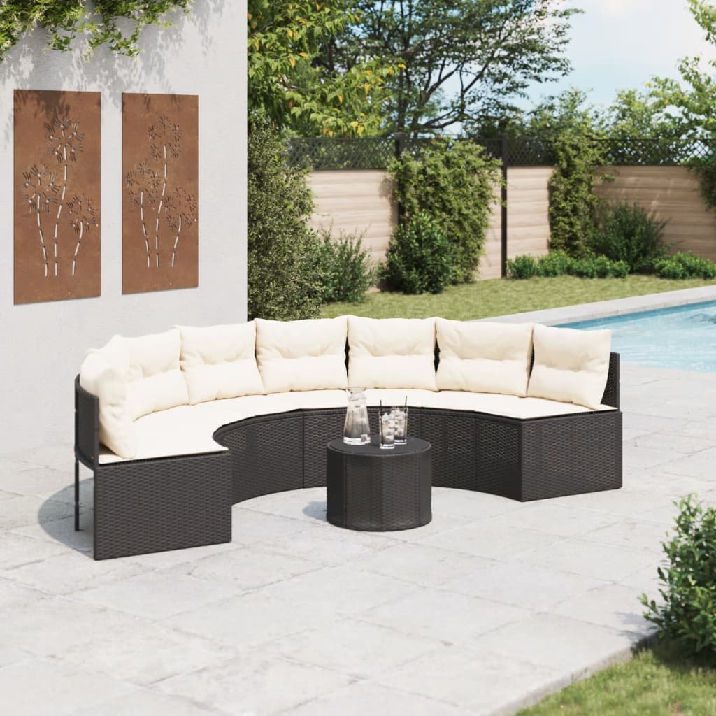 havesofa med bord og hynder halvrund polyrattan sort