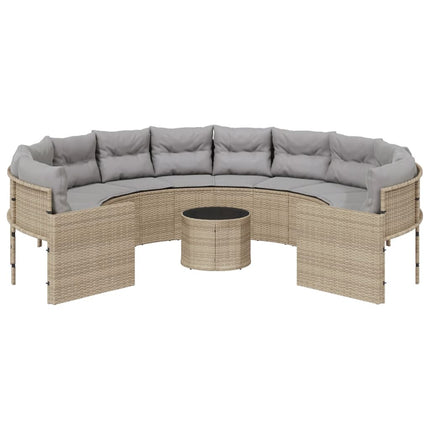 havesofa med bord og hynder rund polyrattan beige