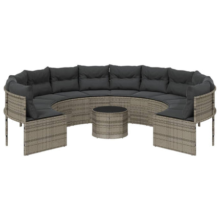 havesofa med bord og hynder rund polyrattan grå