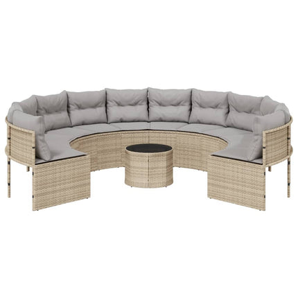 havesofa med bord og hynder rund polyrattan beige