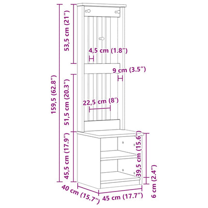 Hall træ SANDNES 45x40x159,5 cm massivt fyrretræ