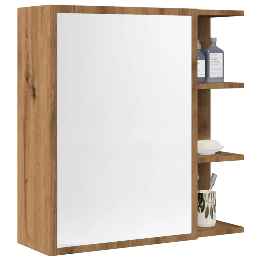 Badeværelsesskab med spejl - egetræ, 62,5 × 20,5 × 64 cm, konstrueret træ