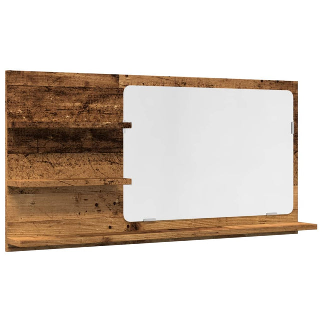 badeværelsesskab m. spejl 90x11x45cm konstrueret træ antikt træ
