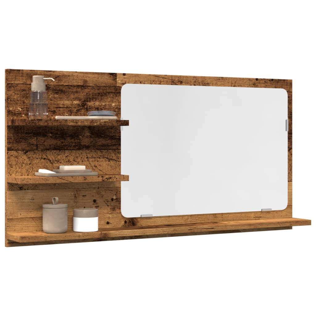 badeværelsesskab m. spejl 90x11x45cm konstrueret træ antikt træ