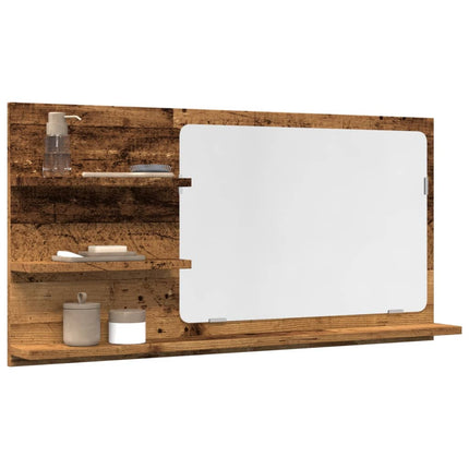 badeværelsesskab m. spejl 90x11x45cm konstrueret træ antikt træ