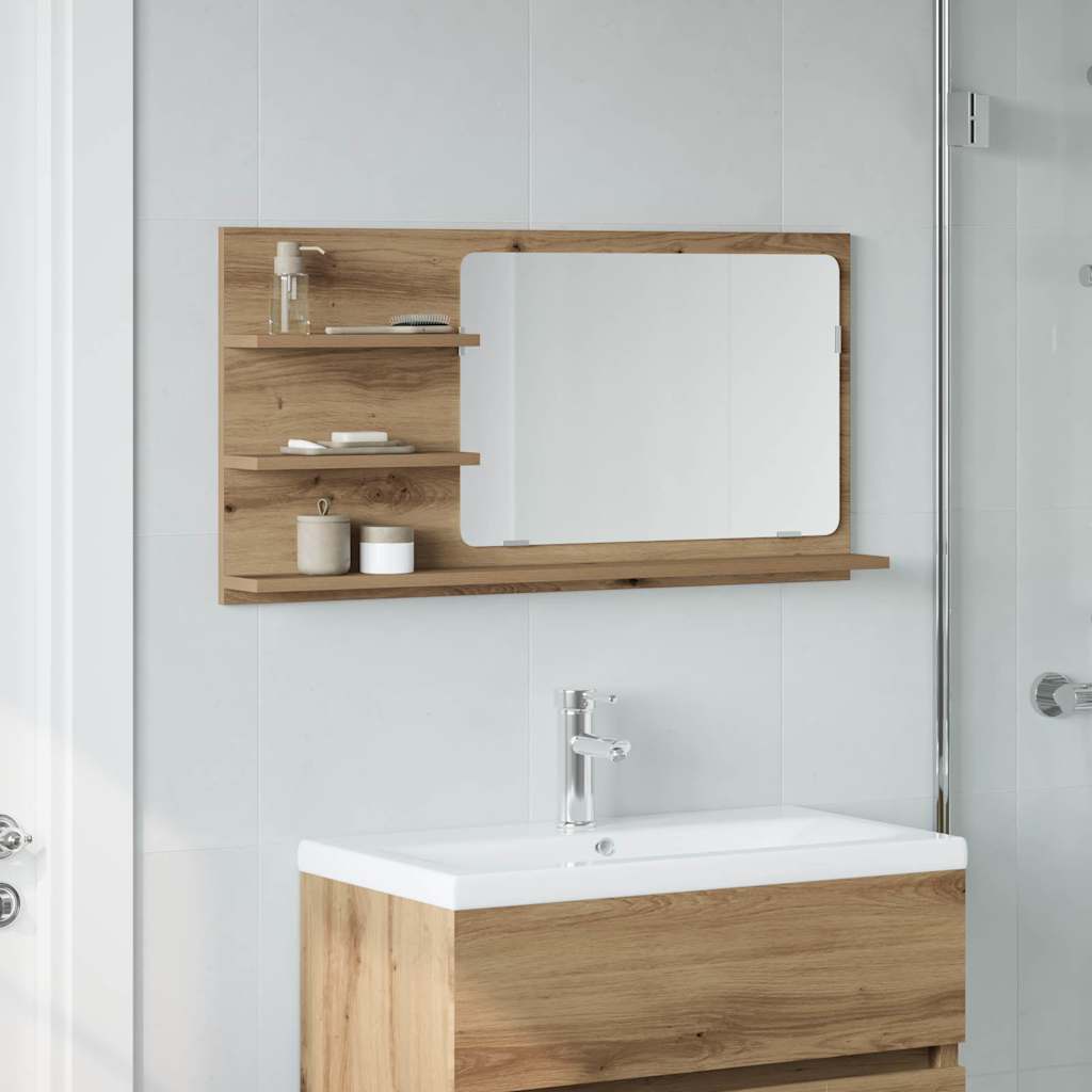 badeværelsesskab med spejl 90x11x45 cm konstrueret træ kunsteg billede