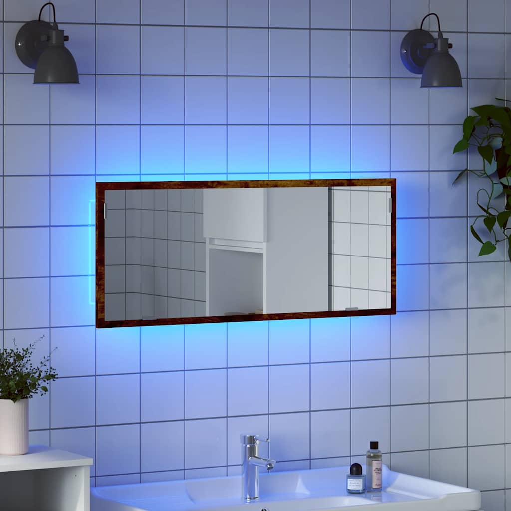 Badeværelsesspejl med LED, 100×8,5×37 cm - konstrueret træ i røget eg