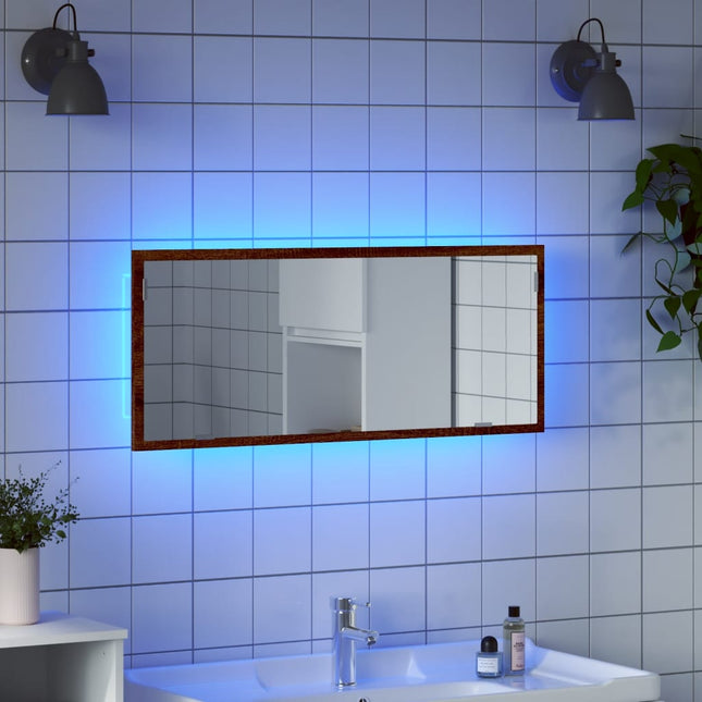 badeværelsesspejl m. LED 100x8,5x38 cm konstrueret træ brunt eg