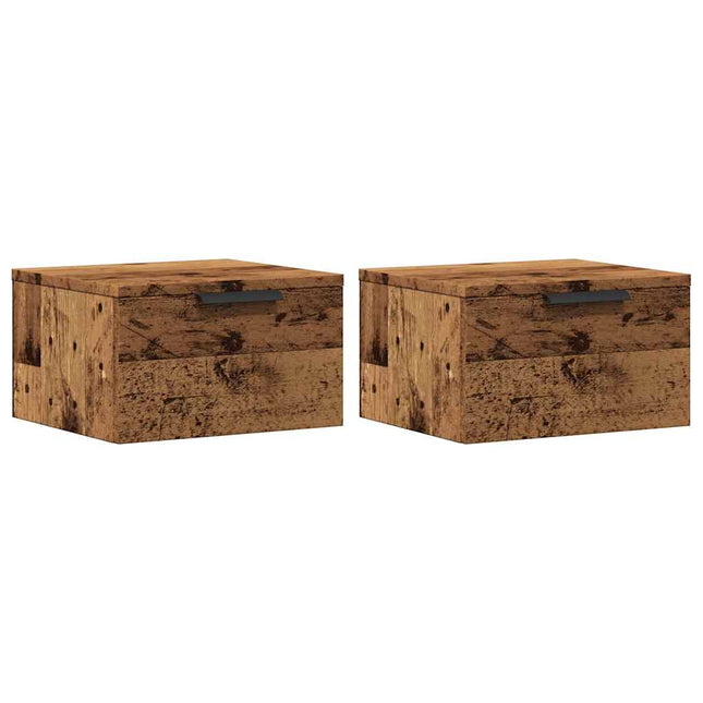 væghængte sengeborde 2 stk. 34x30x20 cm antikt træ