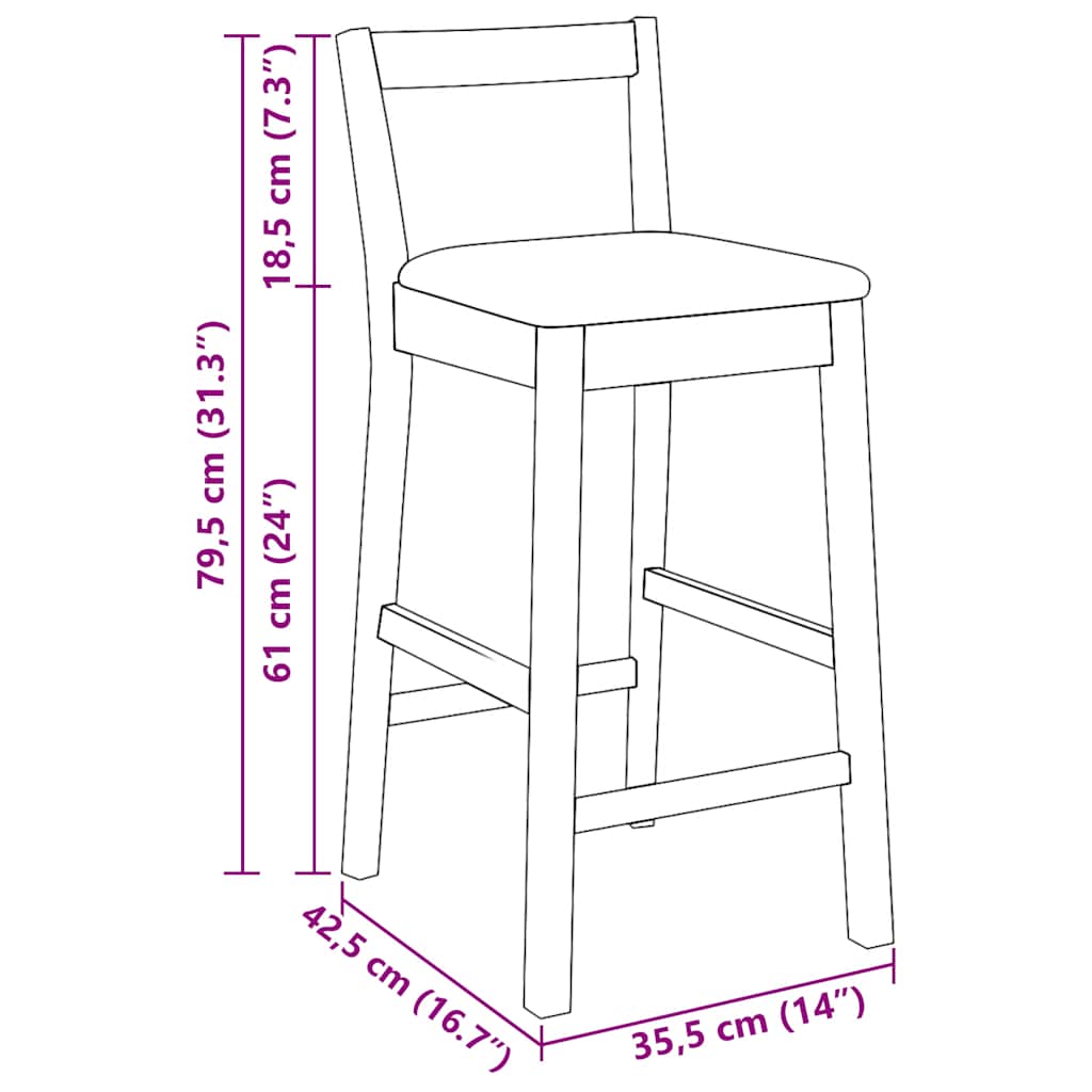 barstole med hynder 2 stk. massivt gummitræ brun