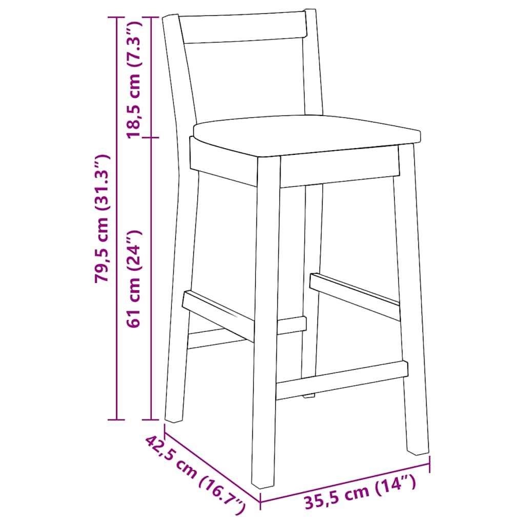 barstole 2 stk. massivt gummitræ naturfarvet