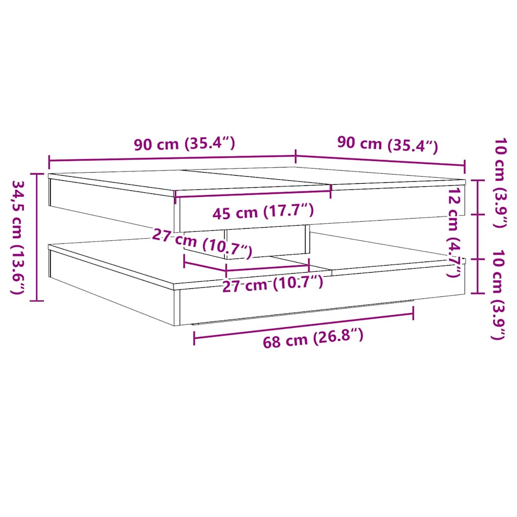 sofabord 360 grader drejeligt 90x90x34,5 cm antikt træ