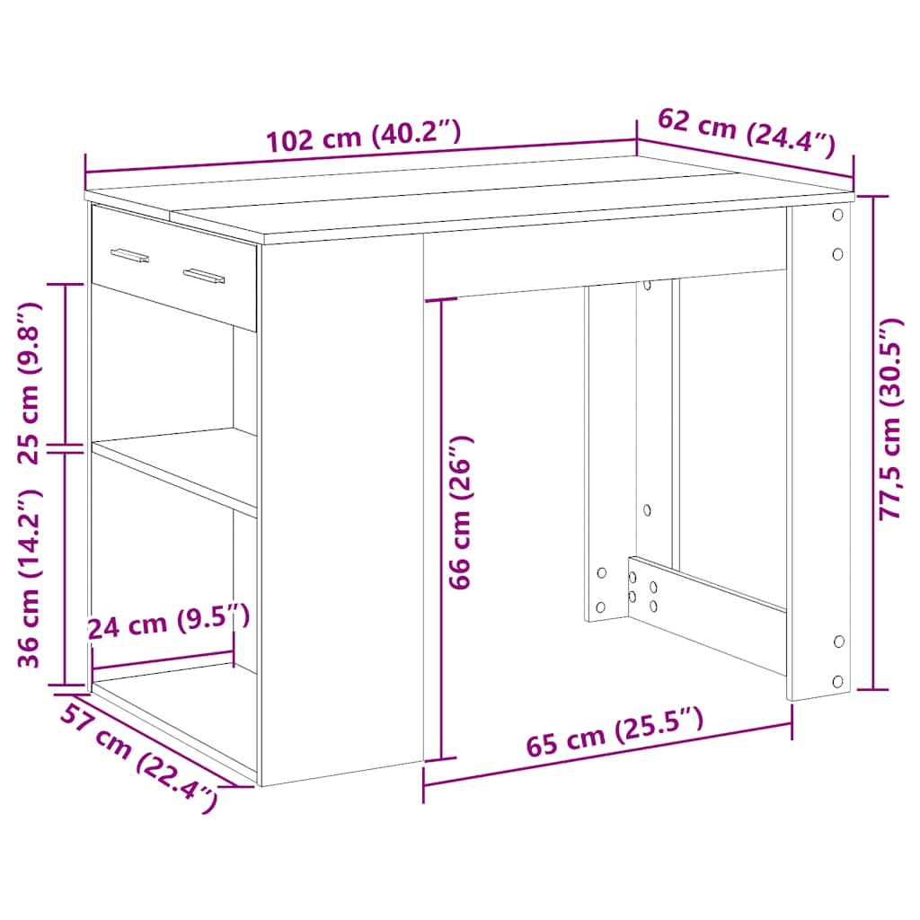 skrivebord med skuffe og hylde 102x62x77,5 cm sonoma-eg