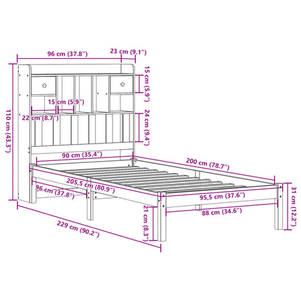 seng med reol uden madras 90x200 cm massivt fyrretræ