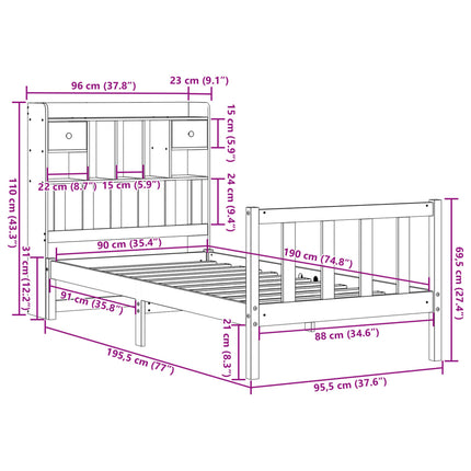 seng med reol uden madras 90x190 cm massivt fyrretræ hvid