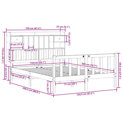 seng med reol uden madras 150x200 cm massivt fyrretræ hvid