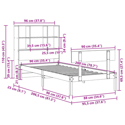 seng med reol uden madras 90x200 cm massivt fyrretræ