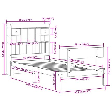 seng med reol uden madras 90x200 cm massivt fyrretræ
