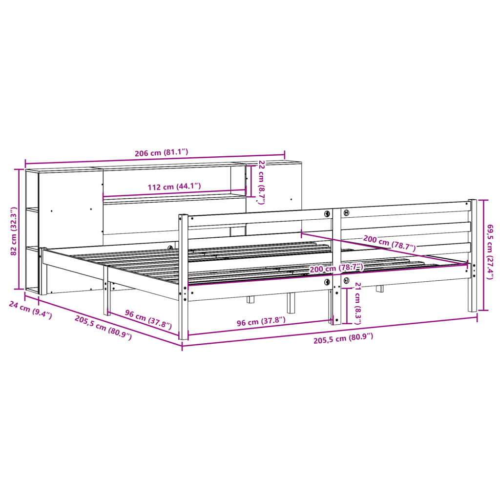 seng med reol uden madras 200x200 cm massivt fyrretræ hvid