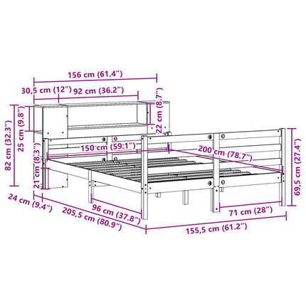seng med reol uden madras 150x200 cm massivt fyrretræ hvid