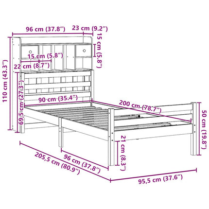 seng med reol uden madras 90x200 cm massivt fyrretræ
