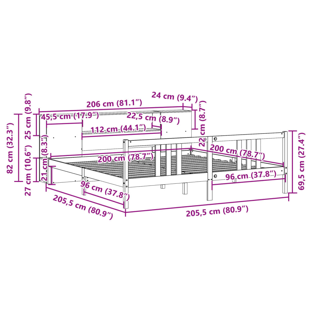 seng med reol uden madras 200x200 cm massivt fyrretræ hvid