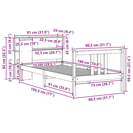 seng med reol uden madras 75x190 cm massivt fyrretræ