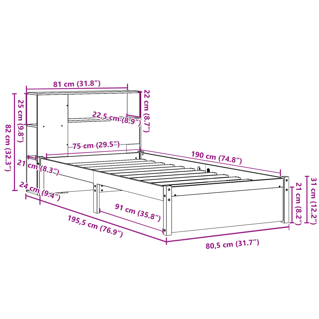 seng med reol uden madras 75x190 cm massivt fyrretræ