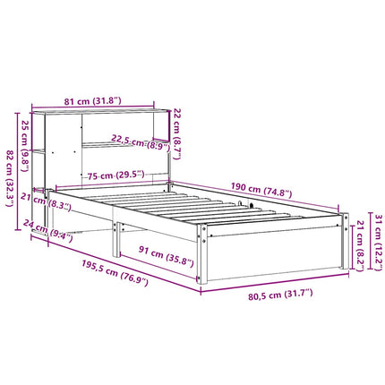 seng med reol uden madras 75x190 cm massivt fyrretræ hvid