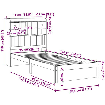 seng med reol uden madras 75x190 cm massivt fyrretræ hvid