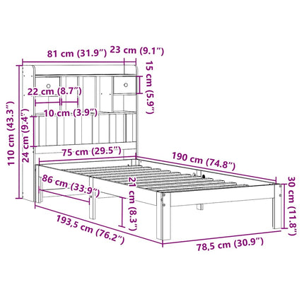 seng med reol uden madras 75x190 cm massivt fyrretræ hvid