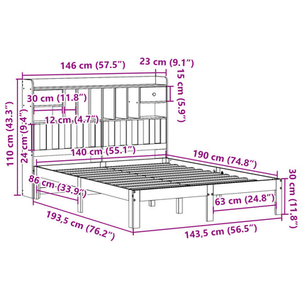 seng med reol uden madras 140x190 cm massivt fyrretræ hvid