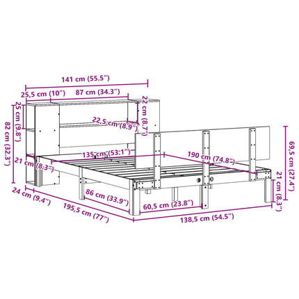 seng med reol uden madras 135x190 cm massivt fyrretræ