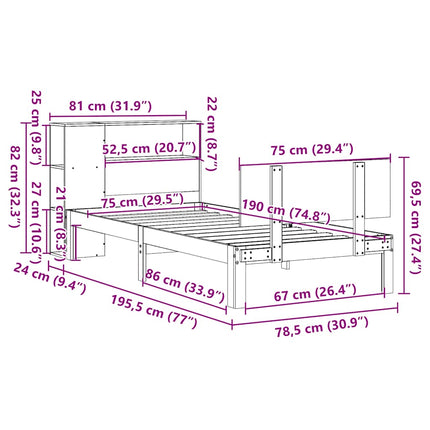 seng med reol uden madras 75x190 cm massivt fyrretræ hvid