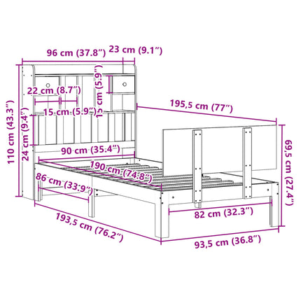 seng med reol uden madras 90x190 cm massivt fyrretræ hvid