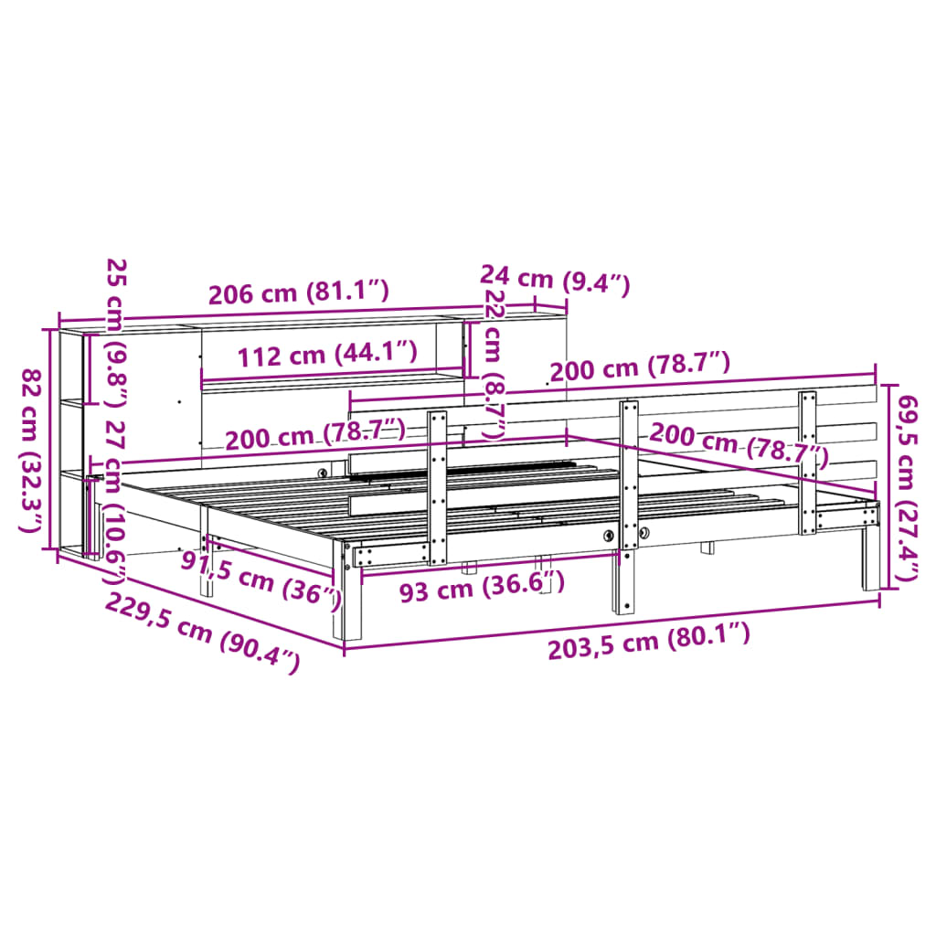 seng med reol uden madras 200x200 cm massivt fyrretræ hvid