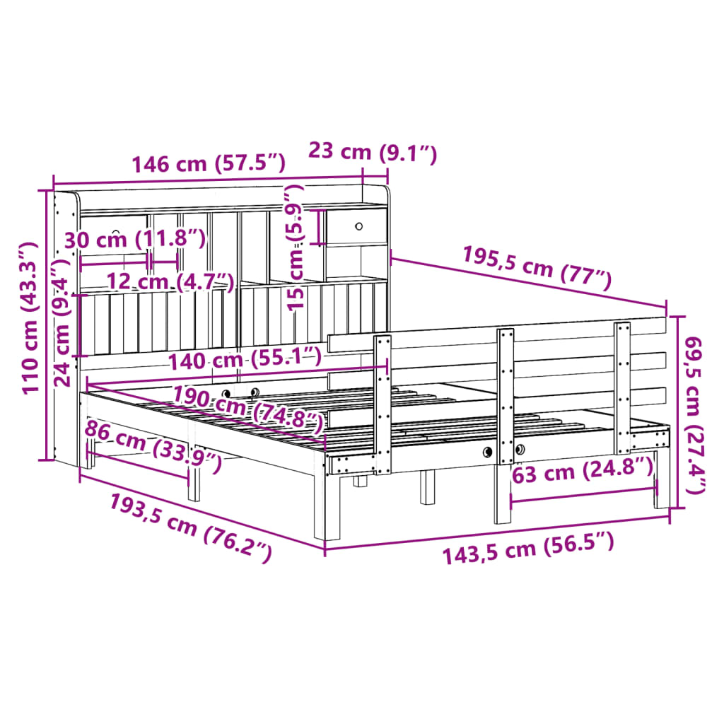 seng med reol uden madras 140x190cm massivt fyrretræ gyldenbrun