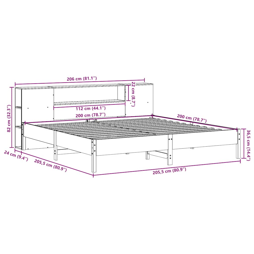 seng med reol uden madras 200x200 cm massivt fyrretræ hvid