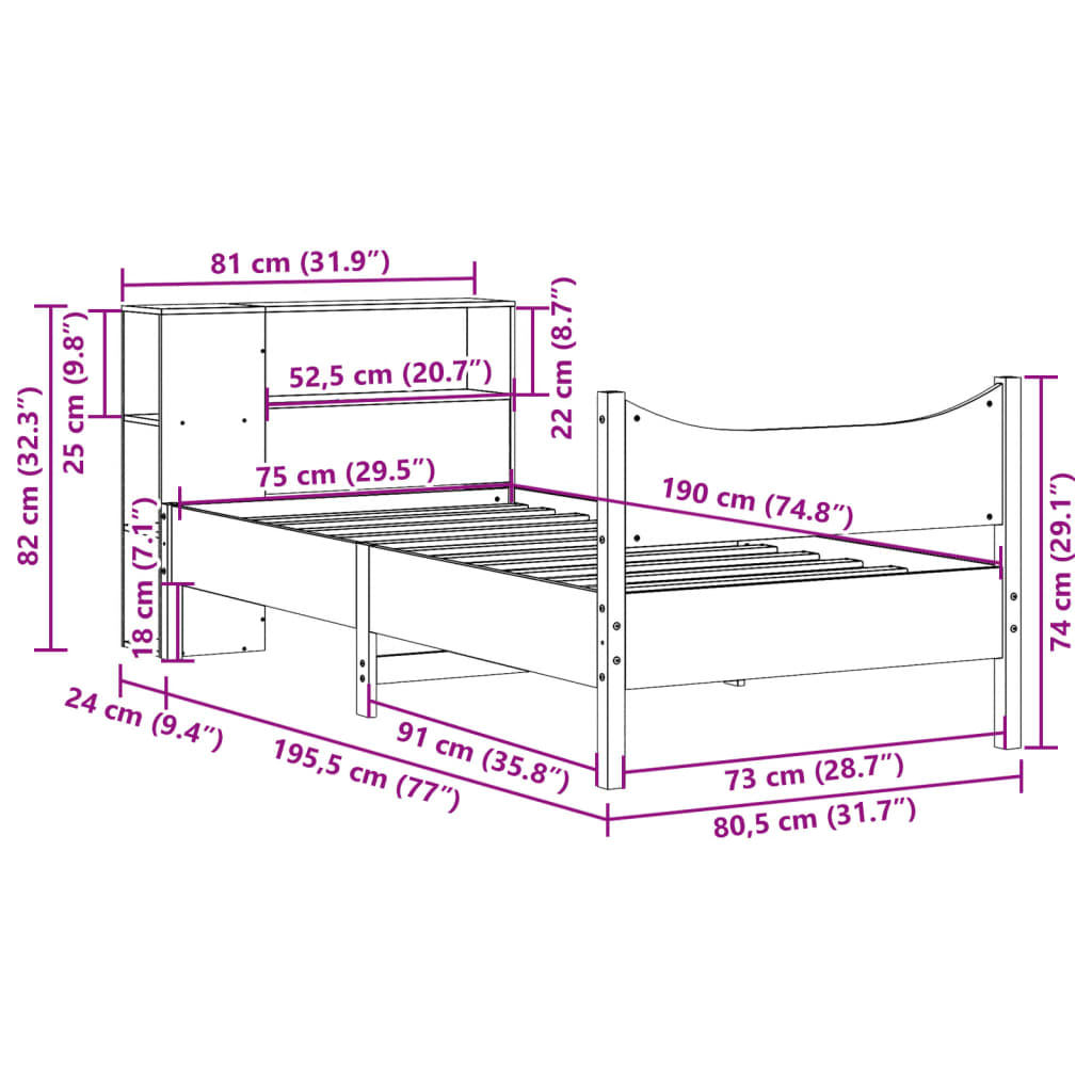 sengeramme uden madras 75x190 cm massivt fyrretræ