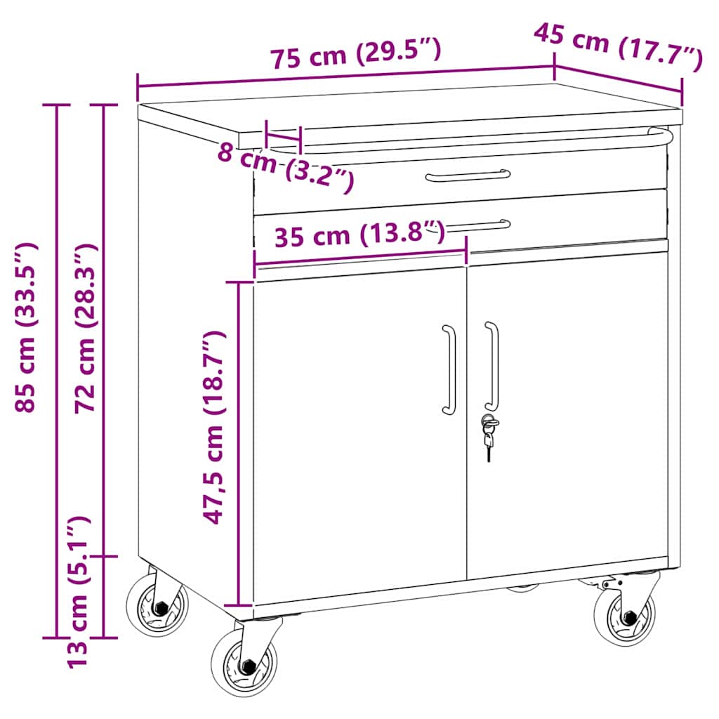 Trolley rulleværksted med skuffe Rød og Grå 75 x 45 x 85 cm