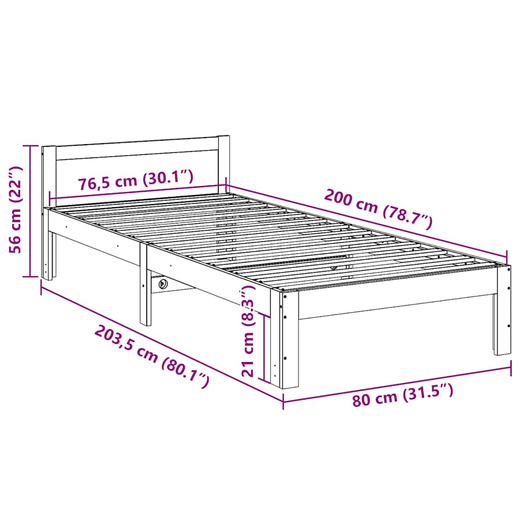 sengeramme uden madras 80x200 cm massivt fyrretræ