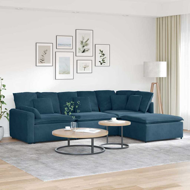 modulsofa med fodskammel og hynder fløjl blå