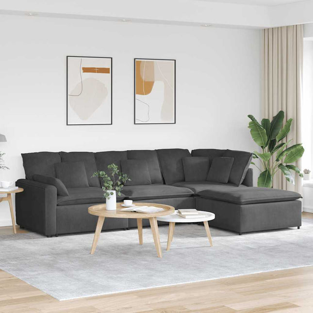 modulsofa med fodskammel og hynder føjlsstof mørkegrå