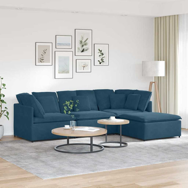 modulsofa med fodskammel og hynder fløjl blå