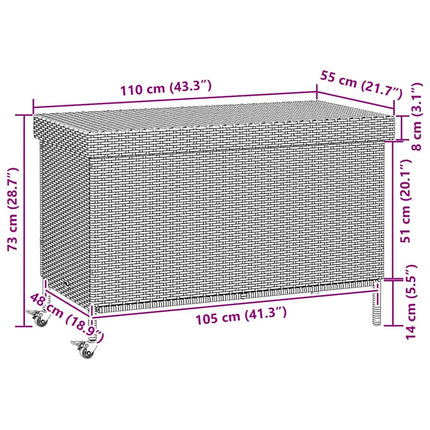 opbevaringsboks med hjul 110x55x73 cm polyrattan brun