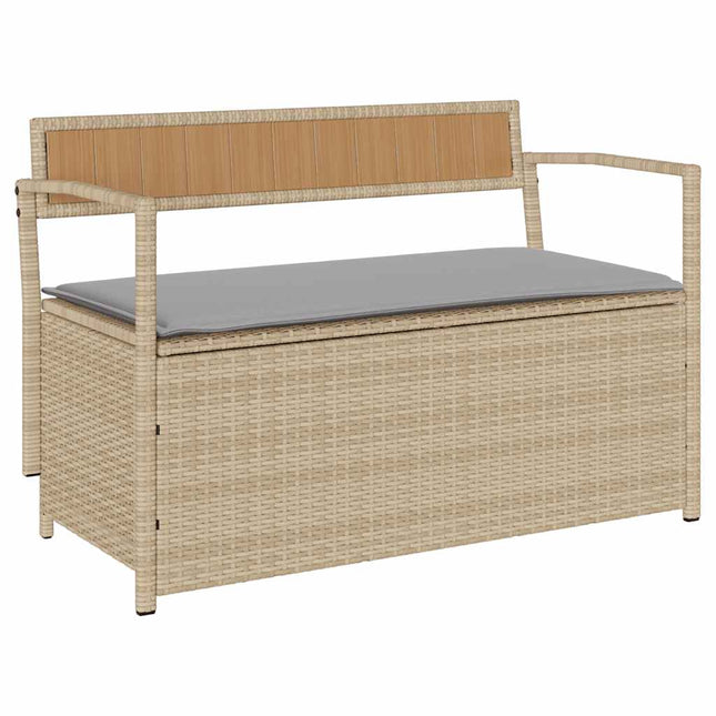 opbevaringsbænk til haven med hynde polyrattan beige